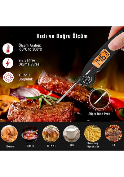 Thermopro TP605B Katlanabilir Problu Profesyonel Gıda Pişirme Termometresi-Siyah
