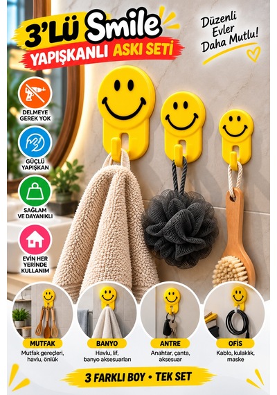 Mucit Home 3'lü Smile Gülen Yüz Yapışkanlı Askı Seti Delmesiz Duvar Askılığı Banyo Mutfak Havlu Askı Sarı