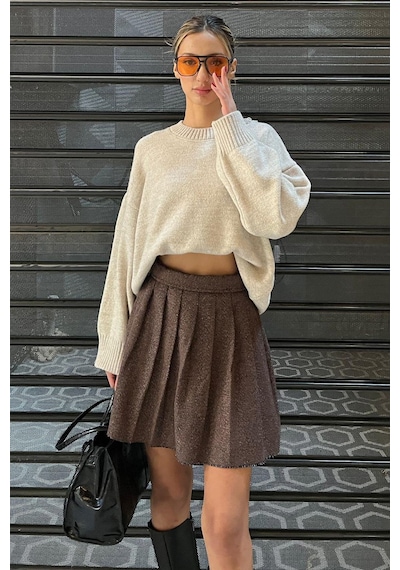 Madmext Bej Bisiklet Yaka Oversize Triko Kazak Mg1972 Bej