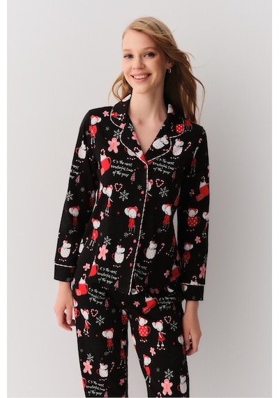 SUWEN Lulusu Gömlek Yaka Pijama Takımı Siyah