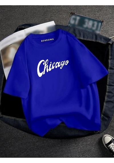 Oversıze Chicago Baskılı Unısex Tisort Baskılı Lacivert