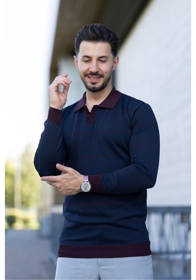 Hk Premium Çizgili Polo Yaka Slim Fit Triko Kazak Lacivert