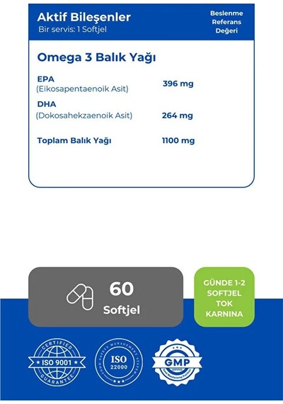 Omega 3 Balık Yağı 60 Softjel 1100 Mg Epa:396 Mg Dha:264 Mg