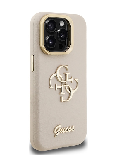 Apple iPhone 15 Pro Max Uyumlu Kılıf Guess  Lisanslı Grained Yazı Logolu Kamera Standlı Kapak Bej