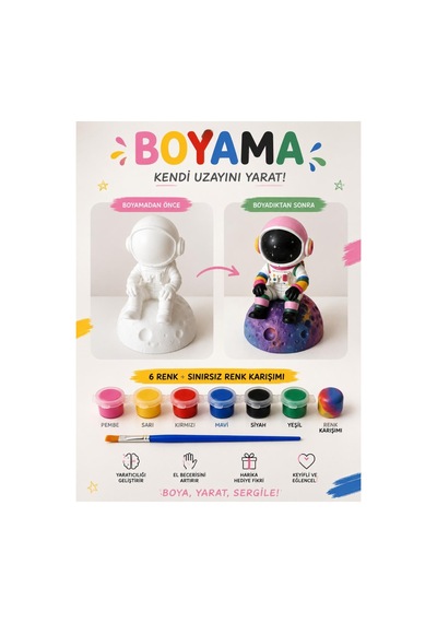 Astronot Boyama Seti Çocuk Boyama Etkinlik Seti 6 Renk Akrilik Boya + Fırça Boyanabilir Dekoratif Figür