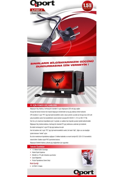 Qport Q-powy1.5 1.5 Metre Pc Power Kablosu