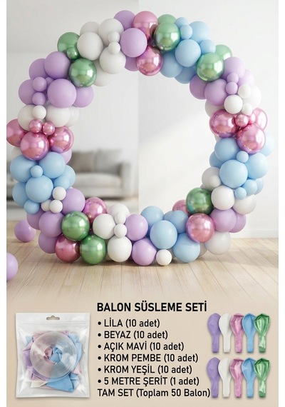 50 Parça Balon Seti Ve 5 Metre Balon Zinciri Çok  Renkli