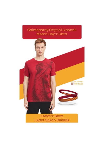 Galatasaray Lisanslı Aslan Baskılı T-shirt + Bileklik Set Ahşap Kutulu 105 Kırmızı