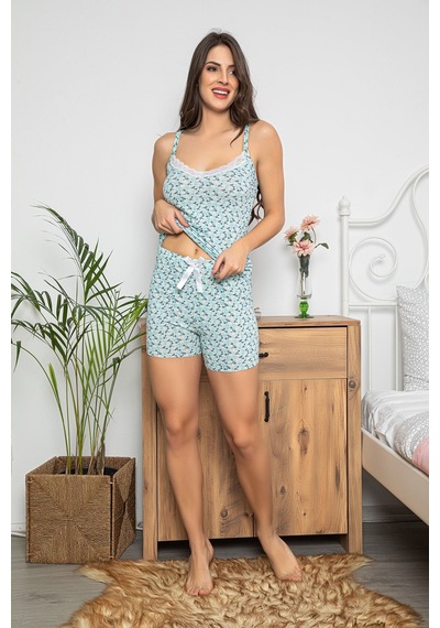 Myben Kadın Çiçek Desenli Dantel Detaylı Şortlu Ve Taytlı Pijama Takımı 3'lü Set 75013 Mint