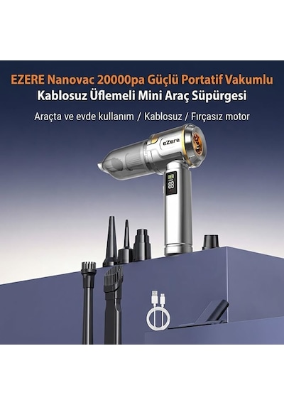 Nanovac 20000pa Güçlü Portatif Vakumlu Kablosuz Üflemeli Mini Araç Süpürgesi, Gümüs