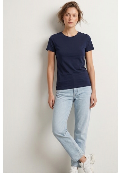Elemge %95pamuk %5likra Vücuda Oturan Magic Fit Lacivert Kadın Stretch T-shirt Compact Penye Kısa Kol Esnek Basic Tişört Elastan