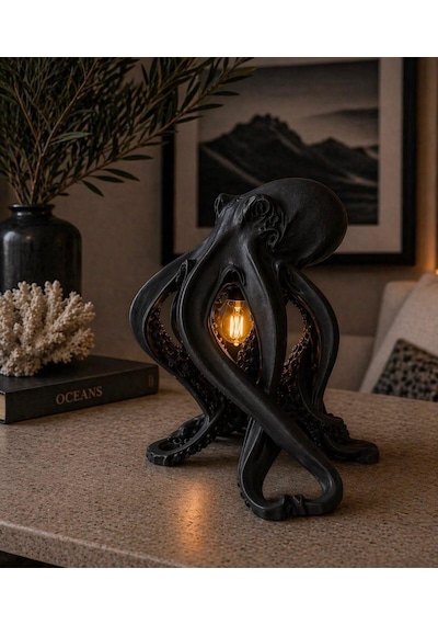3dlab Luxury Ahtapot Masa Lambası Dekoratif Tasarım Abajur Rustik Ampullü Premium Ev Dekoru Siyah