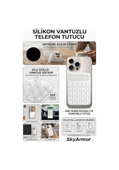 Standlı Silikon Telefon Tutucu Aynaya Ve Cama Yapışan Vantuzlu Selfie Standı Sky165 Beyaz