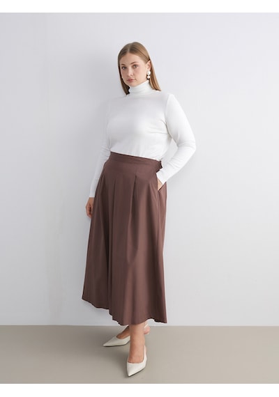 Lcwaıkıkı Classic Kahverengi Beli Lastikli Poplin Pileli Etek