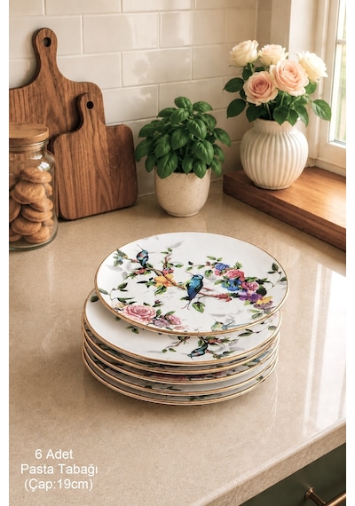 Flora 8 Parça Kuş Desenli Seramik Pasta Sunum Tabağı Seti Çok Renkli