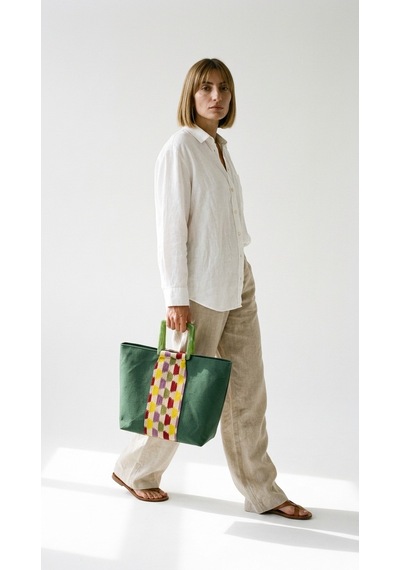 Fabric Craft Bag El Çantası Yeşil Duck Kumaş Astarlı Mıknatıslı 45x40 Yeşil