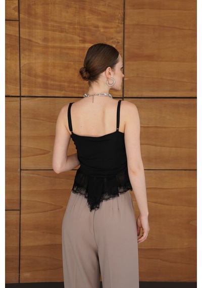 Verymoda D 2979 Askılı Dantel Detaylı Tül Bluz - D2979 Siyah