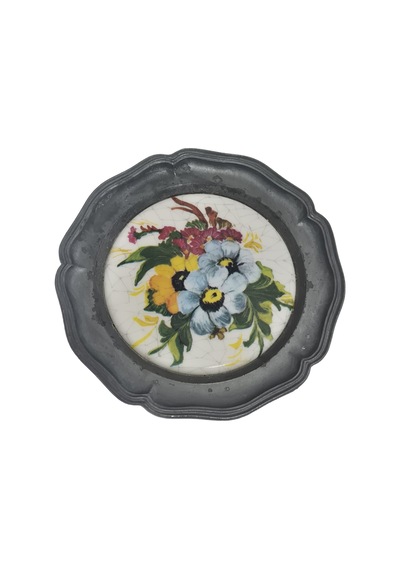 Vintage Zınn Çerçeveli Dekoratif Çiçek Temalı Duvar Tabağı 10cm 011