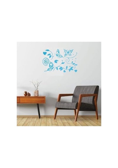 Duvar Süsü Sticker 2 Adet Mavi Kelebekli Şeffaf Filmli Pvc 48x33x0,5cm Çok Renkli