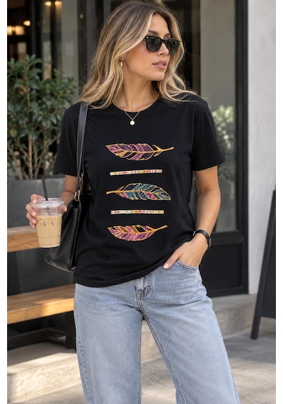 Gugus Kadın Outlet Tek Kalan Üst Giyim Modeller Siyah-yaprak-desen-tshirt