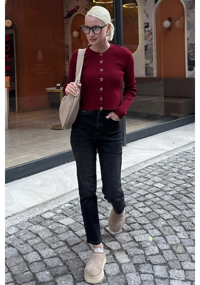 Madmext Bordo Çıt Kapamalı Triko Kadın Hırka Mg2579 Bordo