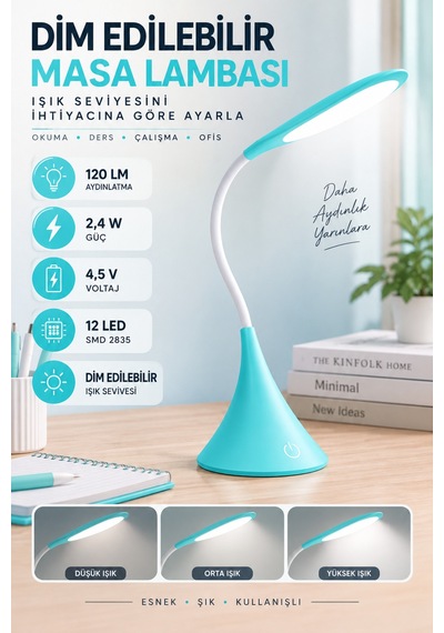 Dokunmatik Led Masa Lambası Dimmerli Esnek Akrobatik Kitap Okuma Ders Çalışma Pilli & Usb Kablolu Kullanım Mavi