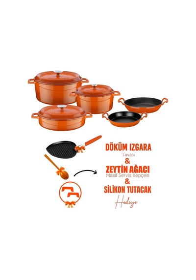 Lava Döküm Çeyiz Seti - Sağlıklı Ve Uzun Ömürlü Mutfak Seti Turuncu