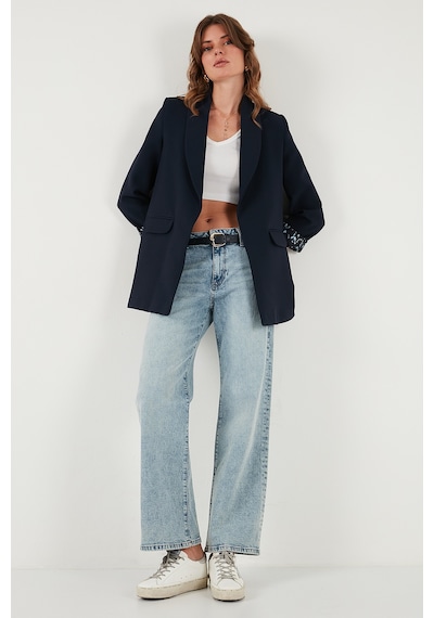 Lela Regular Fit Klasik Yaka Desenli Astar Detaylı Blazer Bayan Ceket 6839227 Lacivert
