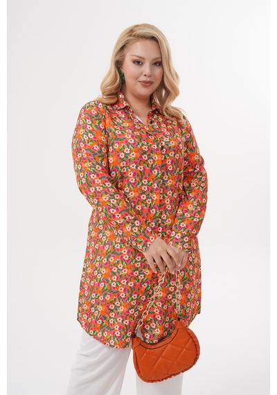 Polologin Butik Küçük Çiçek Desenli Turuncu Viskon Tunik Turuncu