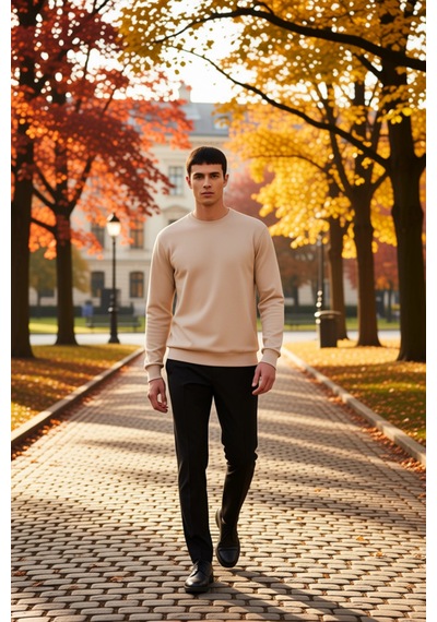 Benerly Erkek Bisiklet Yaka Standart Kol Regular Kalıp Sweatshirt Fonksiy Bej