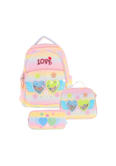 Kaukko Kids Kız Çocuk Simli Kalp Ve Çiçek Detaylı İlkokul 1.2.3.4. Sınıf Üçlü Okul Çanta Seti Sarı - Pembe