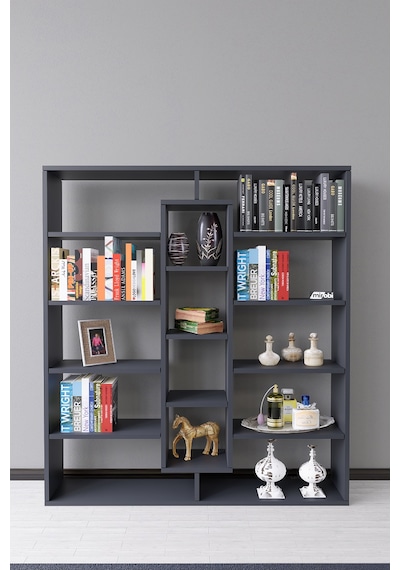 Kiola 14 Bölmeli Dekoratif Açık Tasarım Kitaplık Modern Kitap... Antrasit