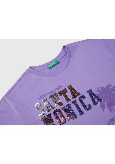 United Colors Of Benetton Benetton Kız Çocuk Önü Payet İşlemeli Baskılı T-shirt Mor