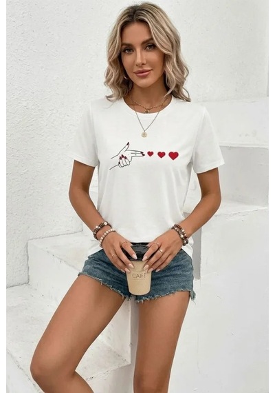 Efnaz Style Minimal Kalp İşaret Baskılı Tişört Kısa Kol Yazlık T-shirt - Beyaz