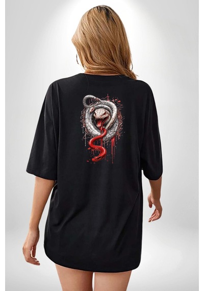 Beyaz Ve Kırmızı Yılan Siyah Oversize Unisex Ön Ve Sırt Baskılı Tişört Siyah