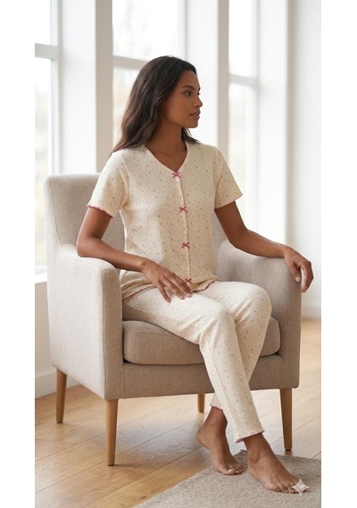 Sleeproom Yazlık Ekru Fuşya Yıldız Desenli Kısa Kol Penye %100 Pamuk Pijama Takım