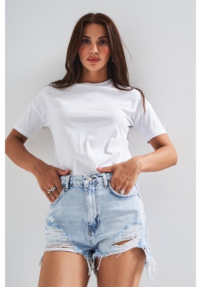 Itsbasic Kadın Ice Kot Rengi 12s5-3 Mini Boy Yüksek Bel Curved Yırtık Detaylı Püsküllü %100 Koton Denim Şort Ice Rengi