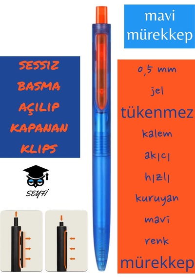 0,5 Mm Jel Tükenmez Kalem Akıcı Hızlı Kuruyan Mavi Renk Mürekkep Writech Amerikan Marka Sessiz Kalem Mavi