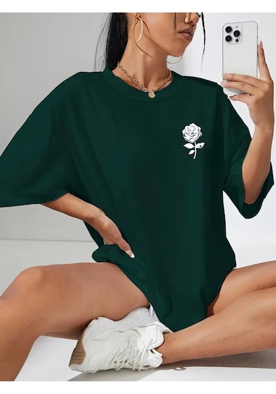 Flood Of Style Kadın Nefti Yeşili Logo Gül Baskılı Oversize Yeşil