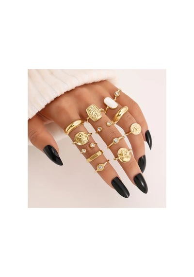 Stellis Gold - 13 Adet Kristal Taşlı Şık Tasarım Vintage Çoklu Ayarlanabilir Altın Yüzük Seti