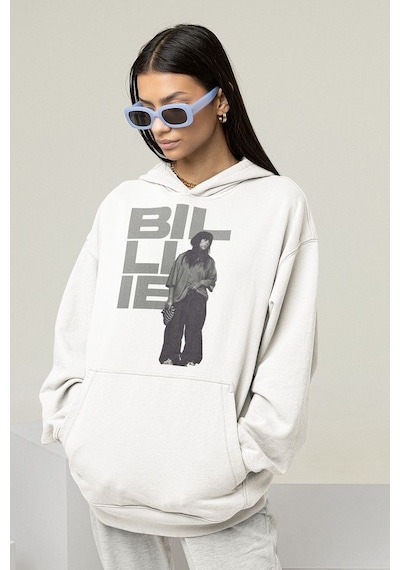 Billie Eilish Tasarım Baskılı Unisex Oversize Şarkıcı Hoodie Beyaz