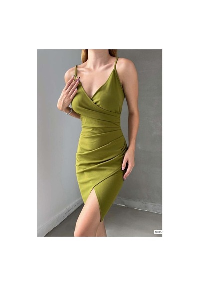 Lior Design Kadın Yeni Sezon V Yaka Yırtmaçlı Mini Askılı Abiye Elbise Yeşil