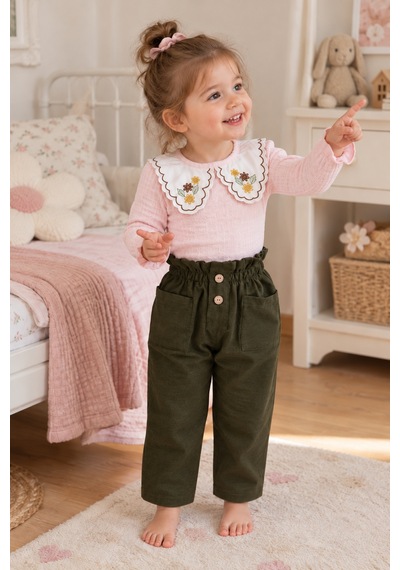 Babyhola 1-3 Yaş Kız Bebek Çocuk Çıtçıtlı Badi Pantolon Şık Alt Üst 2'li Takım Bayramlık 2327 Haki