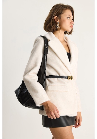 Shade Kadın Cep Detaylı Astarlı Kemerli Peluş Dokulu Blazer Ceket 2761 60281110 - Krem
