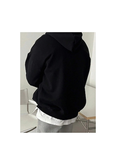 Swoord Kapüşonlu Unisex Oversize Sweatshirt 3 Iplik Şardonlu Pamuklu Baskısız Siyah