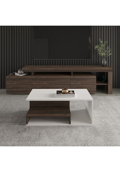 Vera Mini Orta Sehpa Modern Tasarım, Fonksiyonel Raflı Yap Beyaz/ceviz