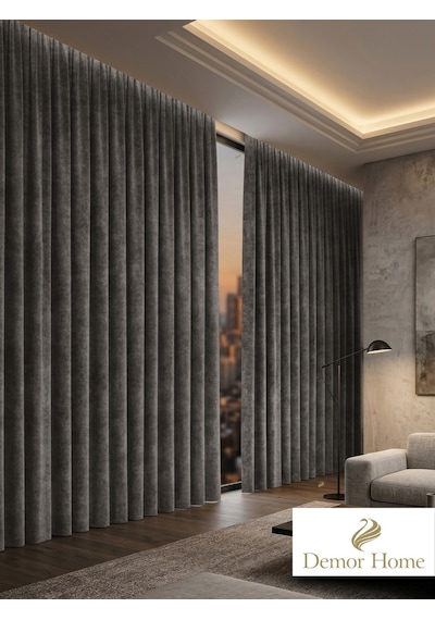 Br Demor Home 1/2 Sık Pile Duman Grisi Kadife Dokulu Fon Perde Ütü İstemez En Çok Satılan