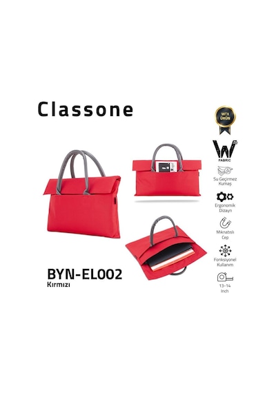 Classone Byn-el002 Wtxpro Su Geçirmez Kumaş 13-14 İnch Bayan Laptop, Notebook, Apple Uyumlu MacBook Air El Çantası- Tote Bag - Kırmızı