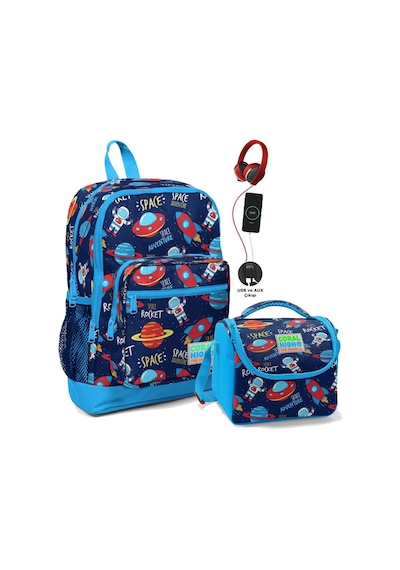 Coral High Okul Çantası Ve Beslenme Çantası Seti - Erkek Çocuk Mavi Lacivert Uzay - Usb Soketli