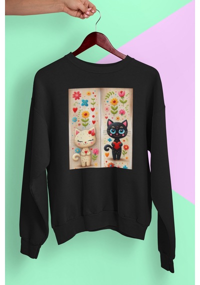 Magors Stıl-x Sevimli Kediler Baskılı Unısex Bisiklet Yaka Oversize Sweatshırt Siyah-5